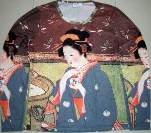 GEISHA with TEA LONG SLEEVE Japan Ukiyoe Art Print T Shirt Misses S