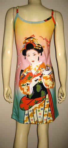 Geisha with Sensu Japan Art Print Dress L Large Misses Size 12-14