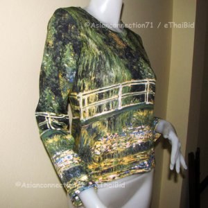 Monet WATER LILY POND Hand Print Long Sleeve Art T shirt Misses M Medium
