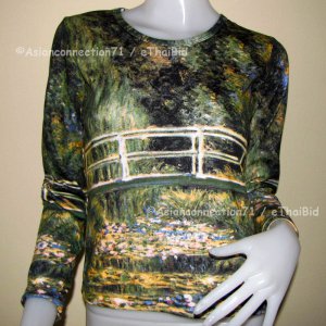 Monet WATER LILY POND Hand Print Long Sleeve Art T shirt Misses XL Extra Large