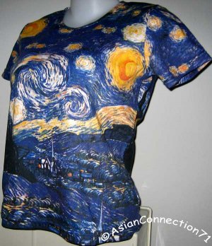 Van Gogh STARRY NIGHT Cap Sleeve Fine Art Print T Shirt Misses Size XL