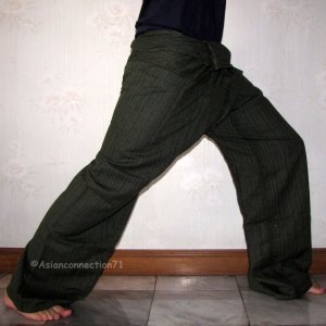 Thai EXTRA LONG Cotton Fisherman Pants Yoga Trousers Dark Green Stripe