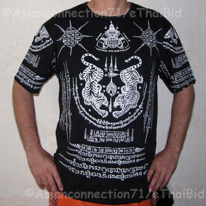 Thai SUA Tigers Magic Sak Yant Tattoo Short Sleeve Work Biker T Shirt ...