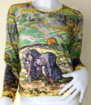VAN GOGH Long Sleeve TWO PEASANT WOMEN IN FIELD WITH SNOW Art Print T Shirt Misses Size M Medium