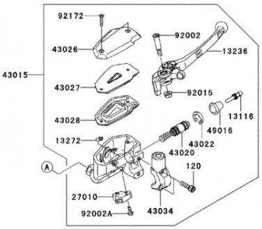 Kawasaki 43015-0116 CYLINDER-ASSY-MASTER, FRONT fits EX650 Ninja 650R, ER6n, ER6f, Versys KLE650