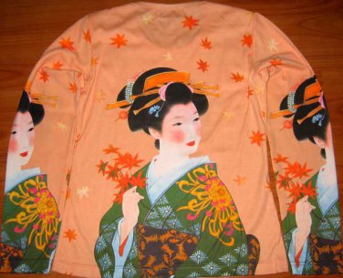 Japanese AUTUMN GEISHA Ukiyoe Art Print LONG SLEEVE T Shirt Misses M Medium