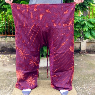 PLUS SIZE Thai Cotton Fisherman Pants Trousers MANGOSTEEN MAROON Tie Dye Beach Dance Martial Arts