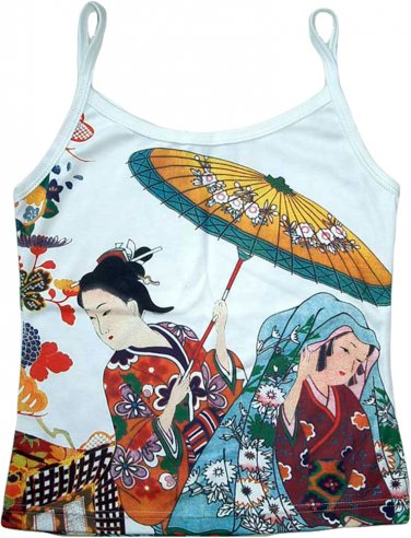 Parasol Geisha Hand Print Japan Ukiyoe Art Shirt Singlet TANK TOP Misses L Large