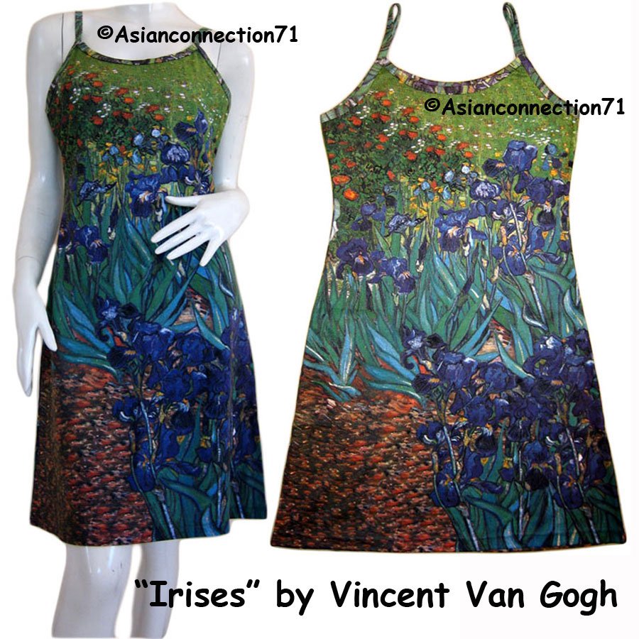 Vincent Van Gogh Irises Hand Print Fine Art Dress Misses Size L 12 14