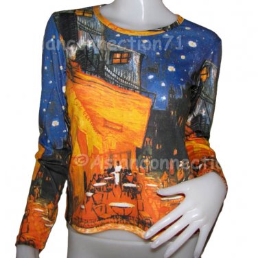 Van Gogh CAFE TERRACE At NIGHT LONG SLEEVE Art Print T Shirt Misses M Medium