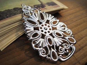 Filigree drop, silver plated tone, 65x40mm, 6pcs