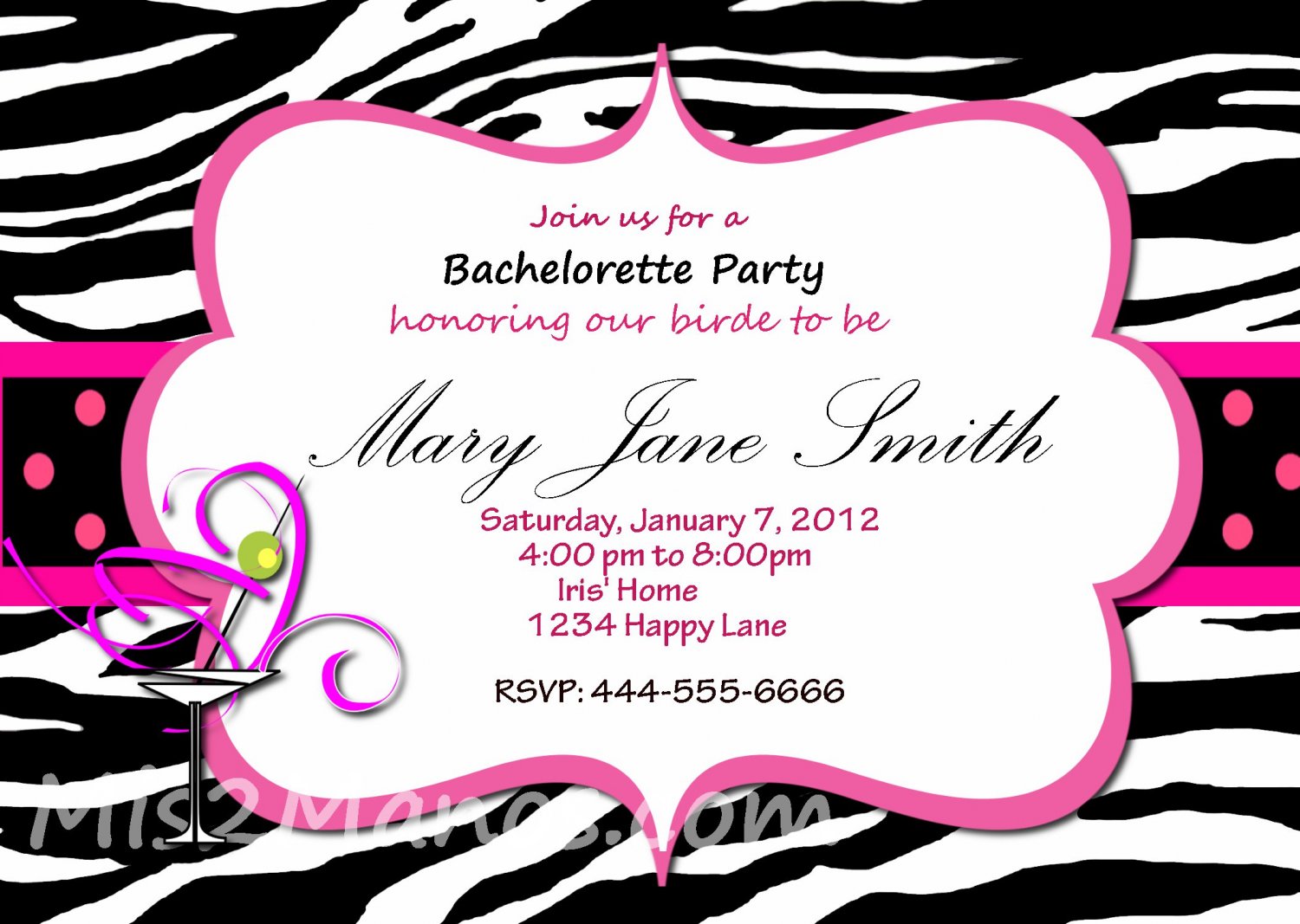 Custom Bridal Shower and or Bachelorette Zebra Invitations DIY Printables