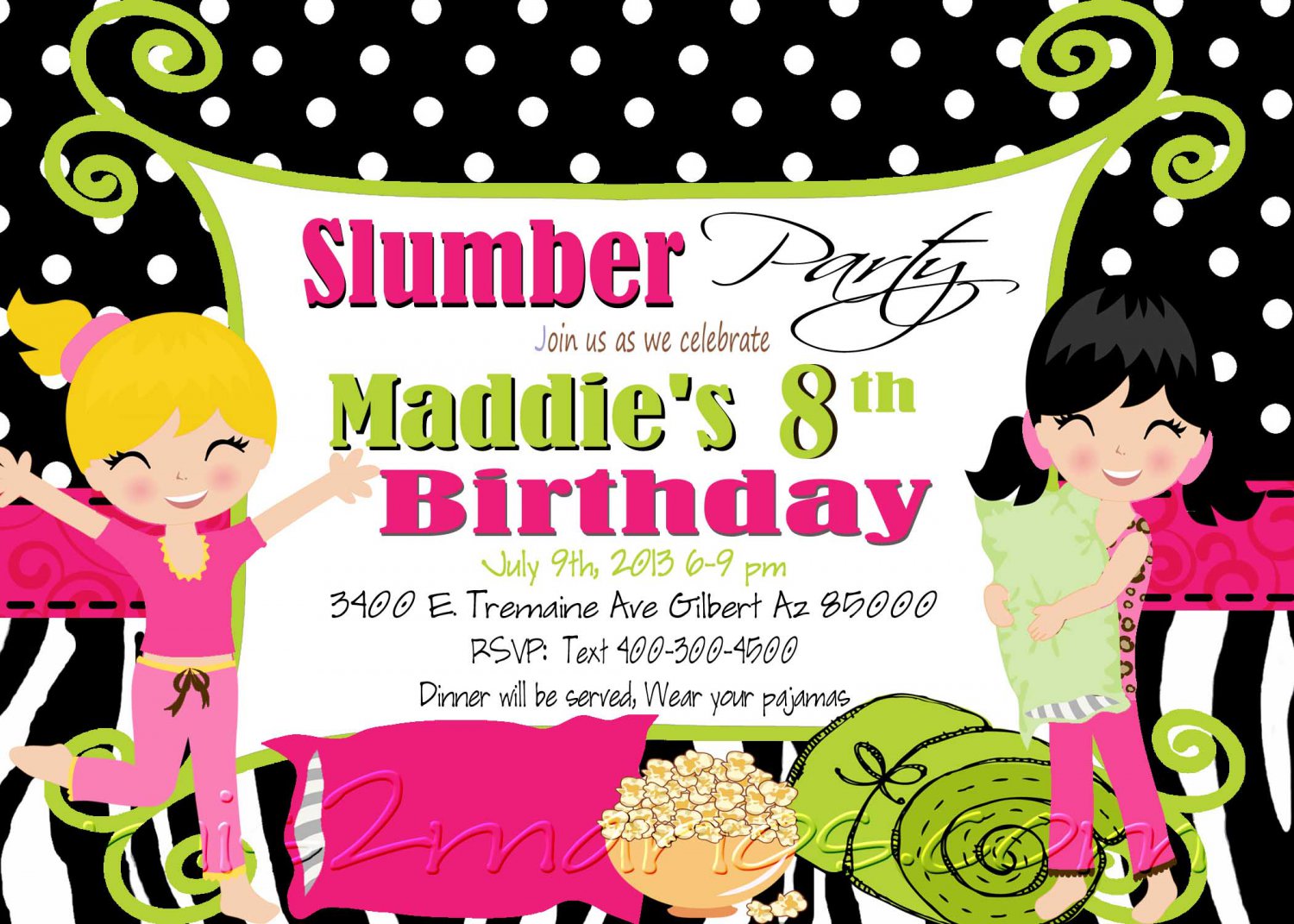Slumber Party Invitation Sleepover Invite Birthday Party Girls Printable DIY Zebra pattern