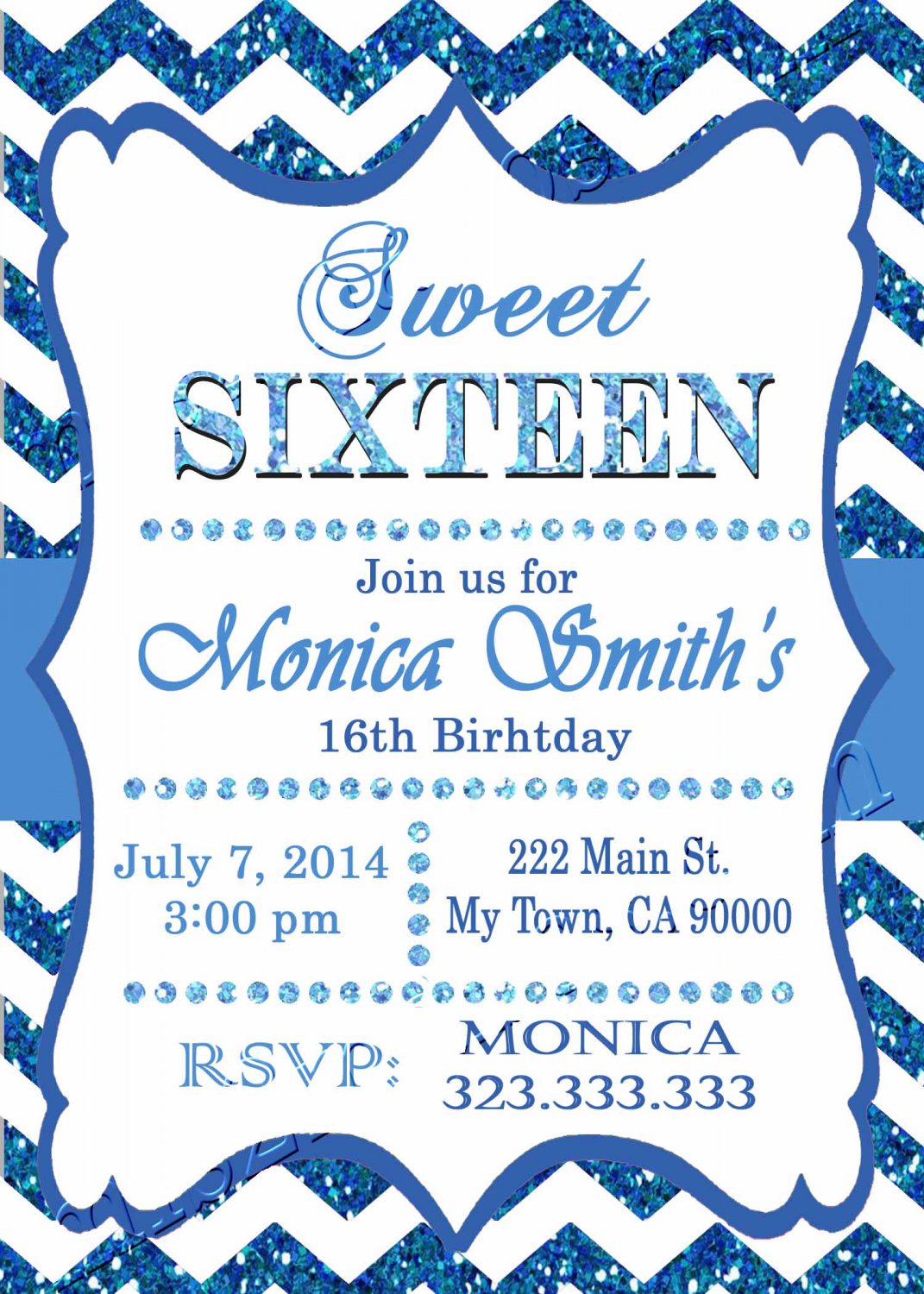 16th birthday invitation, Sweet Sixteen invitation, Teen birthday Chevron Glitter Blue