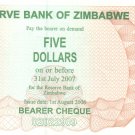 P38 Zimbabwe 5 Dollars 2006 Emergency Bearer Cheque CUNC