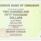 P50 Zimbabwe 250,000 Dollars Emergency Bearer Cheque 2007 CUNC
