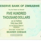 P51 Zimbabwe 500,000 Dollars Emergency Bearer Cheque 2007 GUNC