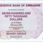 P52 Zimbabwe 750,000 Dollars Emergency Bearer Cheque 2007 GUNC