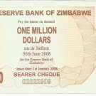 P53 Zimbabwe 1,000,000 Dollars Emergency Bearer Cheque 2008 GUNC