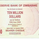 P55 Zimbabwe 10,000,000 Dollars Emergency Bearer Cheque 2008 AU