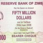 P57 Zimbabwe 50,000,000 Dollars Emergency Bearer Cheque 2008 GUNC
