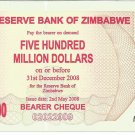P60 Zimbabwe 500,000,000 Dollars Emergency Bearer Cheque 2008 GUNC