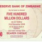 P60 Zimbabwe 500,000,000 Dollars Emergency Bearer Cheque 2008 GUNC