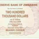 P49 Zimbabwe 200,000 Dollars Emergency Bearer Cheque 2007 UNC