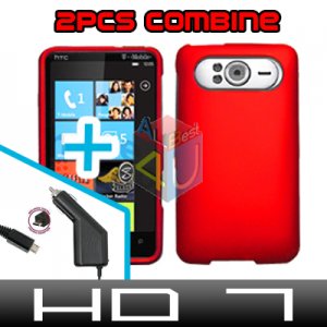 FOR HTC HD7 HD 7 Car Charger + Cover Hard Case Red 2-in-1