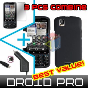For Motorola Droid Pro A957 Car Charger +Hard Case Rubberized Black +Screen 3-in-1