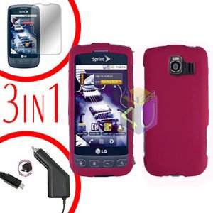 For LG Optimus-S / LS670 Screen +Car Charger +Hard Case Rubberized Rose Pink 3-in-1