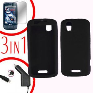 For Motorola Droid Pro A957 Screen +Car Charger +Silcon Skin Black Case 3-in-1