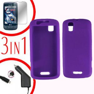 For Motorola Droid Pro A957 Screen +Car Charger +Silcon Skin Purple Case 3-in-1