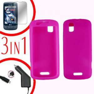 For Motorola Droid Pro A957 Screen +Car Charger +Silcon Skin Hot Pink Case 3-in-1