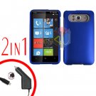 FOR HTC HD7 HD 7 Car Charger + Cover Hard Case Rubberized Blue 2-in-1
