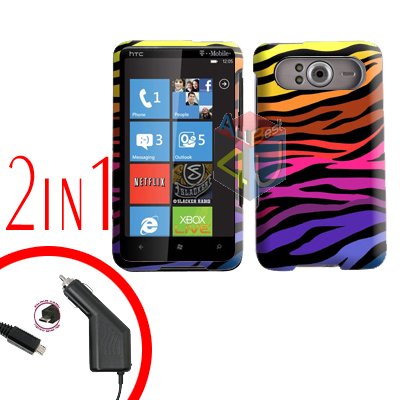 FOR HTC HD7 HD 7 Car Charger + Cover Hard Case C-Zebra 2-in-1
