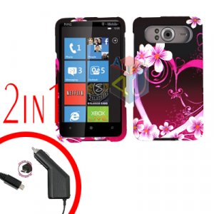FOR HTC HD7 HD 7 Car Charger + Cover Hard Case Love 2-in-1