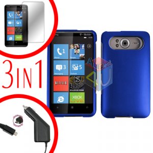 FOR HTC HD7 HD 7 Car Charger + Hard Case Blue + Screen 3-in-1