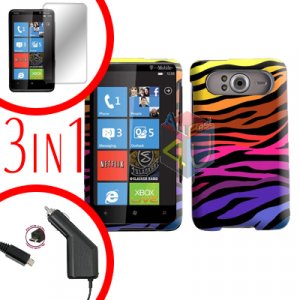 FOR HTC HD7 HD 7 Car Charger + Hard Case C-Zebra + Screen 3-in-1