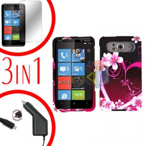 FOR HTC HD7 HD 7 Car Charger + Hard Case Love + Screen 3-in-1