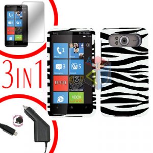 FOR HTC HD7 HD 7 Car Charger + Hard Case Zebra + Screen 3-in-1