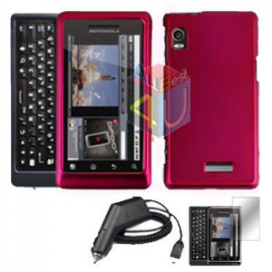 For Motorola Droid 2 a955 Screen + Car Charger + Hard Case Rose Pink 3-in-1