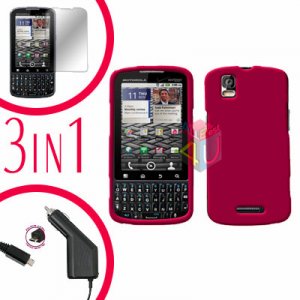 For Motorola Droid Pro A957 Screen +Car Charger +Hard Case Rubberized Rose Pink 3-in-1