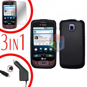 For LG Optimus-T / P509 Screen +Car Charger +Hard Case Black 3-in-1