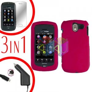 For Pantech Crux / CDM8999 Screen +Car Charger +Hard Case Rubberized Rose Pink 3-in-1