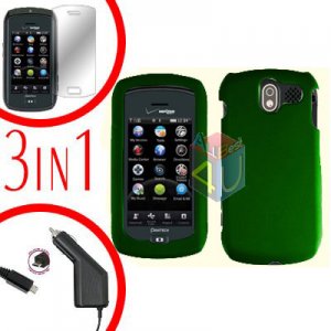 For Pantech Crux / CDM8999 Screen +Car Charger +Hard Case Rubberized Green 3-in-1