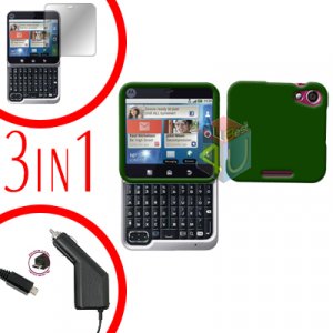 For Motorola Flipout MB511 Screen +Car Charger +Hard Case Rubberized Green 3-in-1