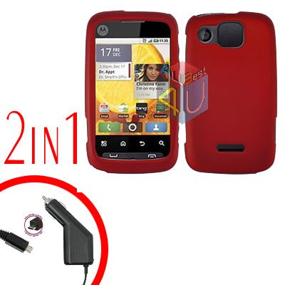 For Motorola Citrus WX445 Car Charger + Cover Hard Case Rubberized Red 2-in-1