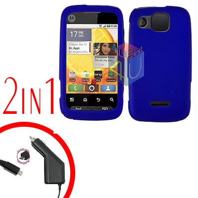 For Motorola Citrus WX445 Car Charger + Cover Hard Case Rubberized Blue 2-in-1