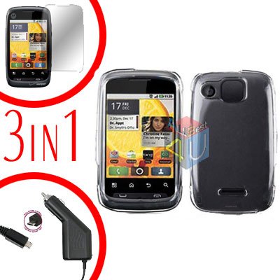 For Motorola Citrus WX445 Screen +Car Charger +Cover Hard Case Rubberized Clear 3-in-1